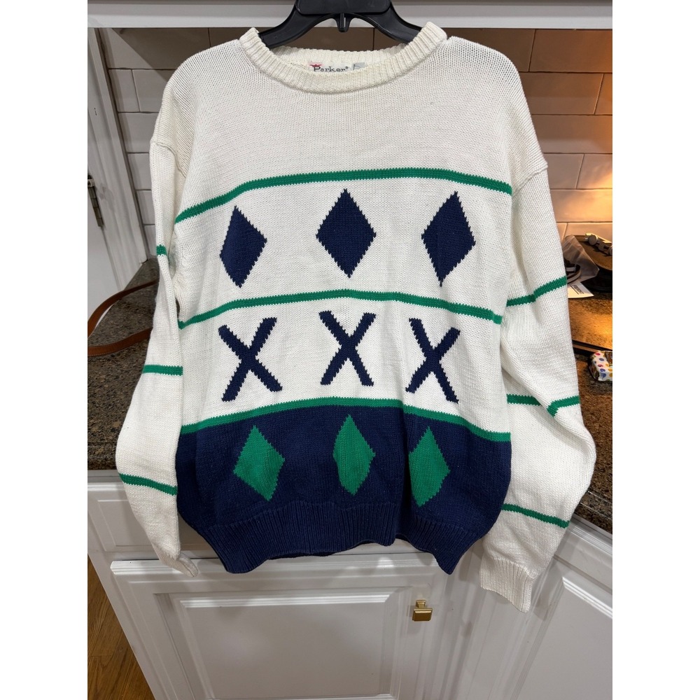 vtg parker of vienna xl‎ white sweater with argyle print